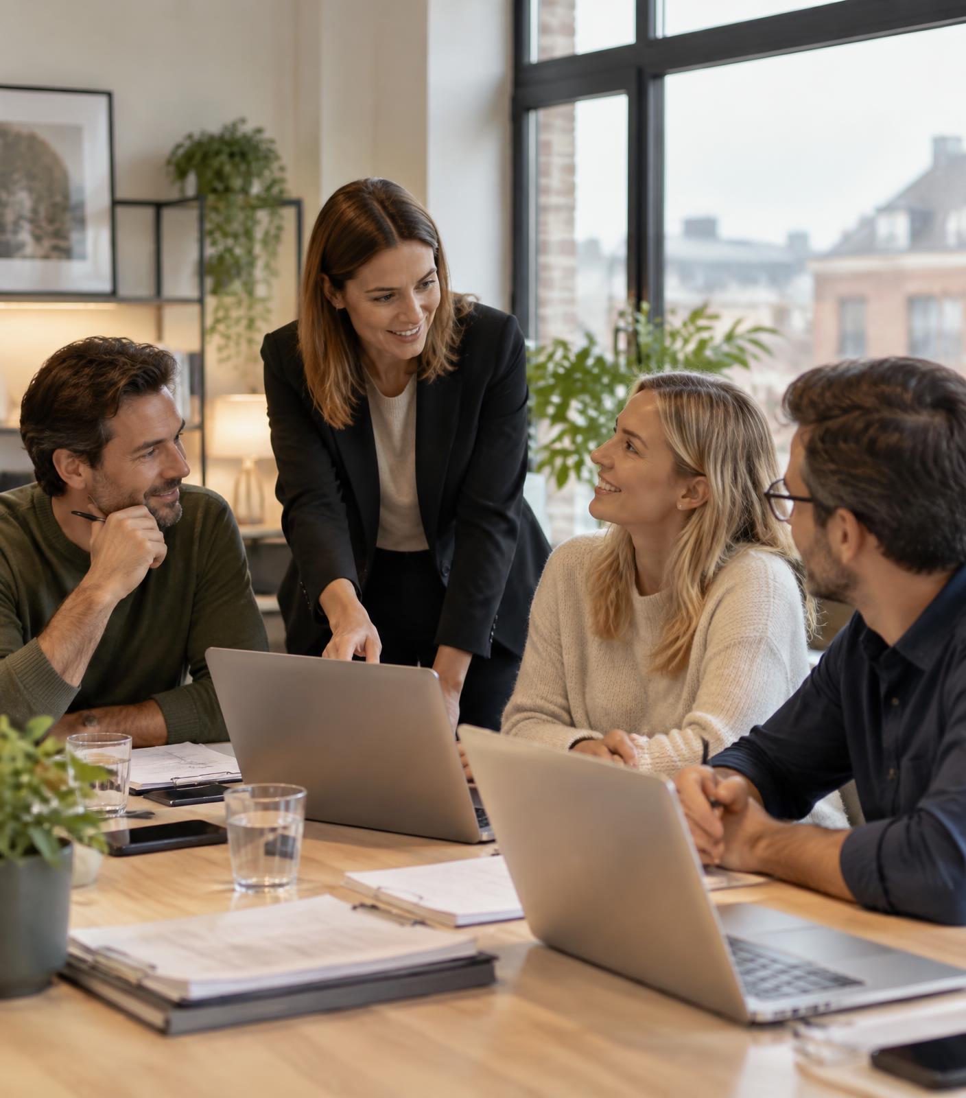 Administratief professional overlegt met een team in een moderne kantooromgeving